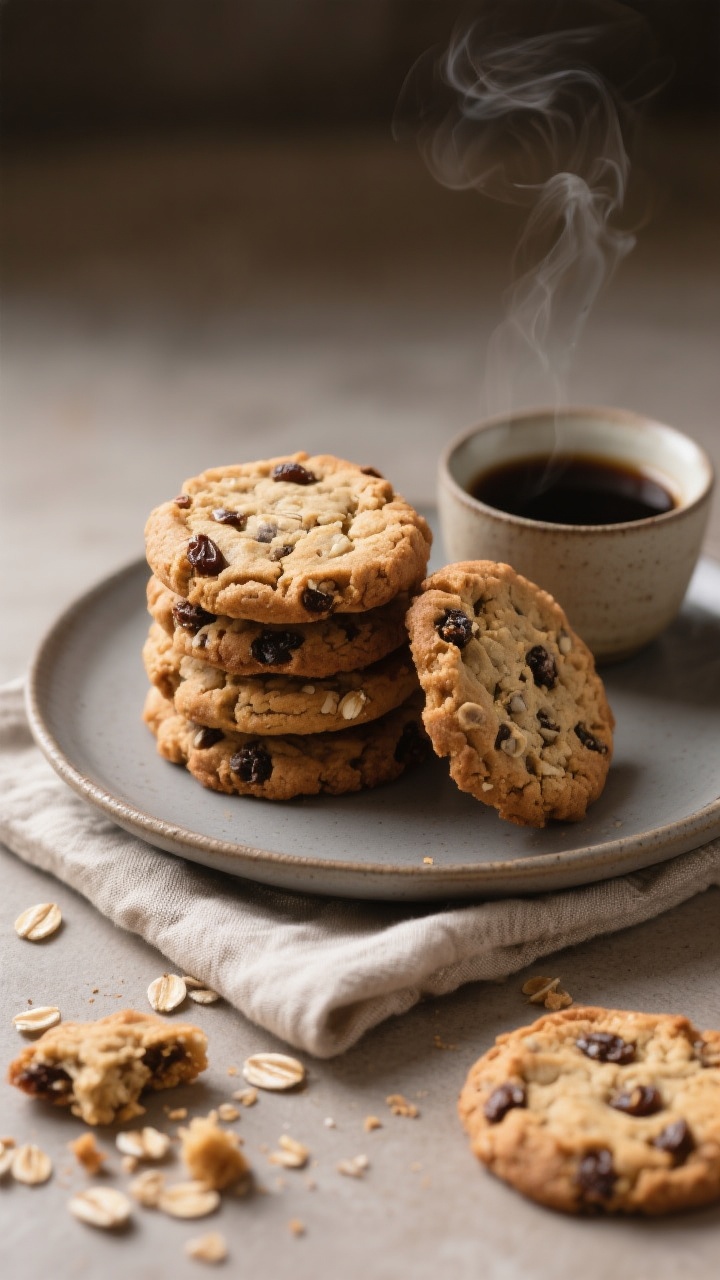 Final plated presentation: A stack of finished oatmeal raisin cookies with crackly, chewy edges and 