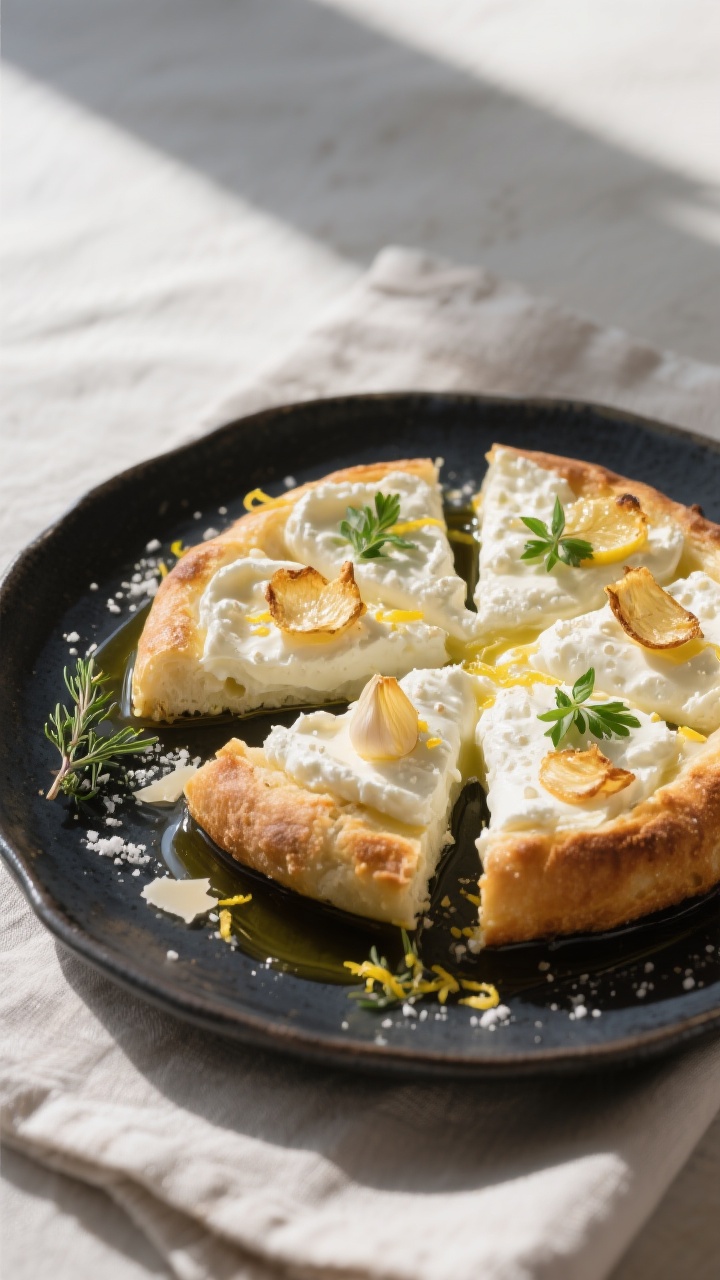 Final plated presentation: Bianca with Garlic and Ricotta on a dark ceramic plate, no sauce—olive 