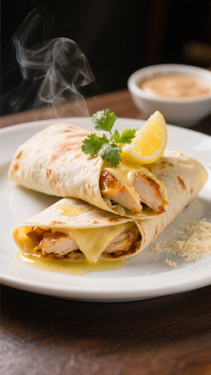 Final plated presentation: Restaurant-quality close shot of a single wrap half stacked over the othe