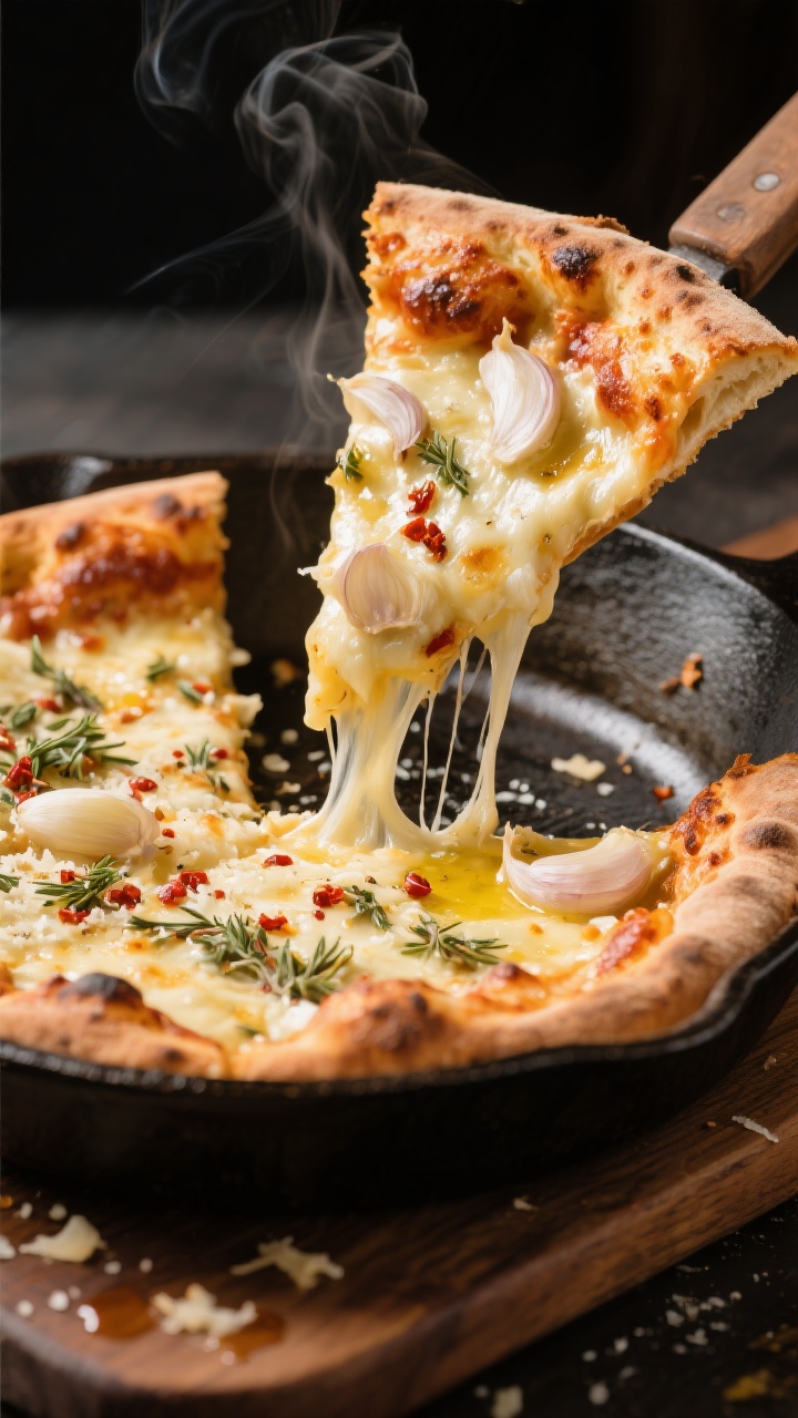 Final plated presentation: Slice-lift moment of a baked garlic crust pizza in a cast-iron skillet—