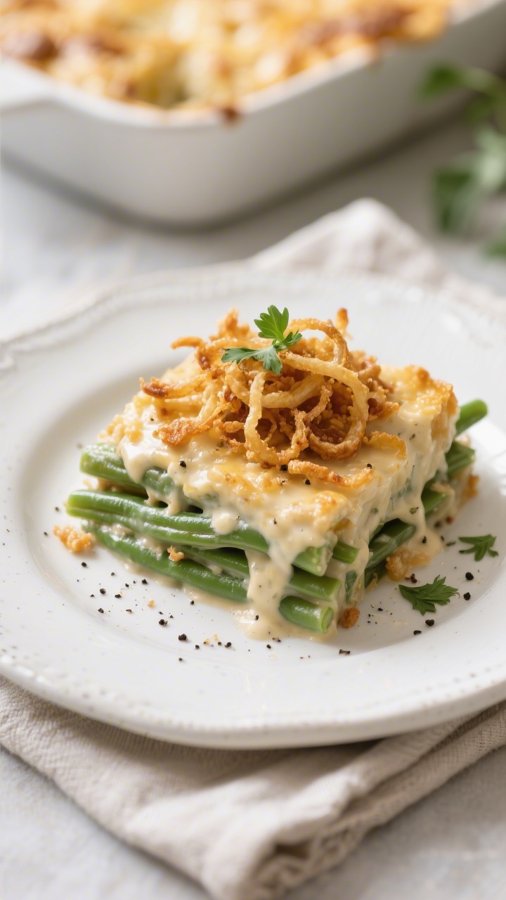Final presentation shot: Beautifully plated square of traditional green bean casserole on a white st