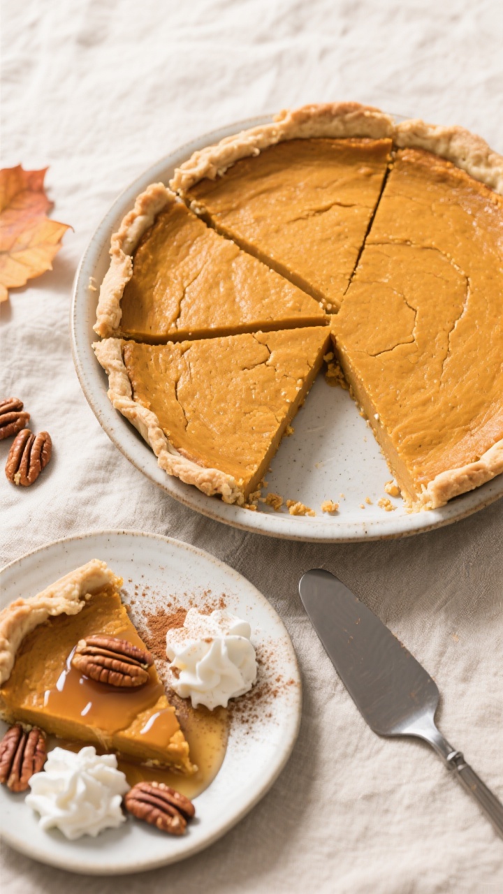 Final presentation top-down shot: Fully chilled crustless pumpkin pie on a simple ceramic pie dish, 