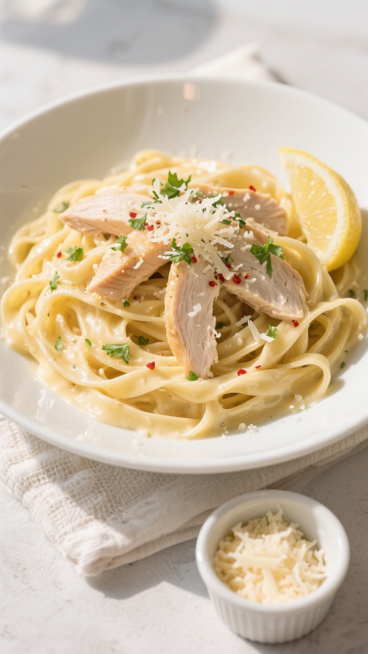 Overhead final dish: Fettuccine Alfredo luxuriously coated and twirled into a nest in a wide white b