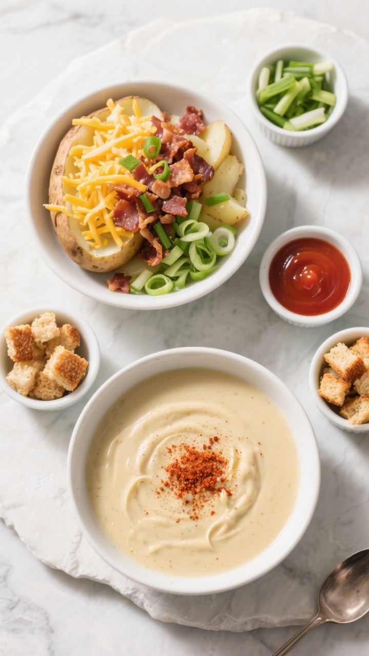 Overhead “loaded baked potato” bar style: Top-down shot of two bowls of finished potato soup wit