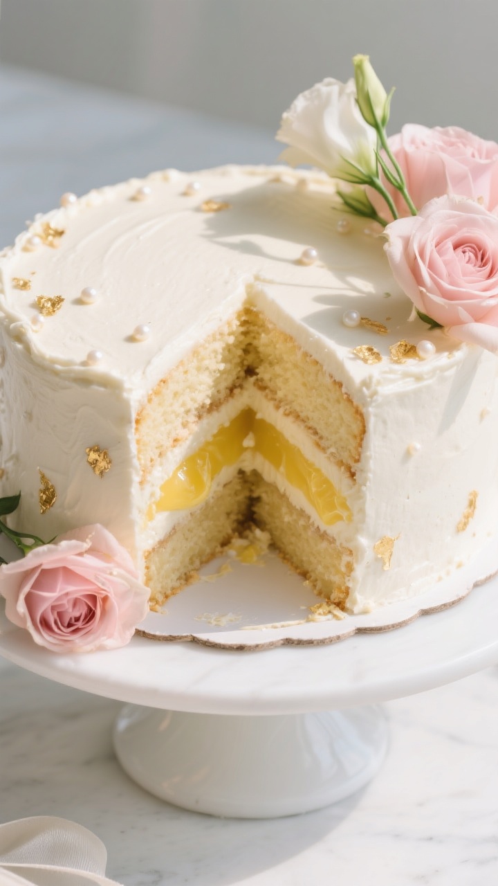Overhead shot of the assembled two-layer cake after final coat and filling, a neat buttercream dam v