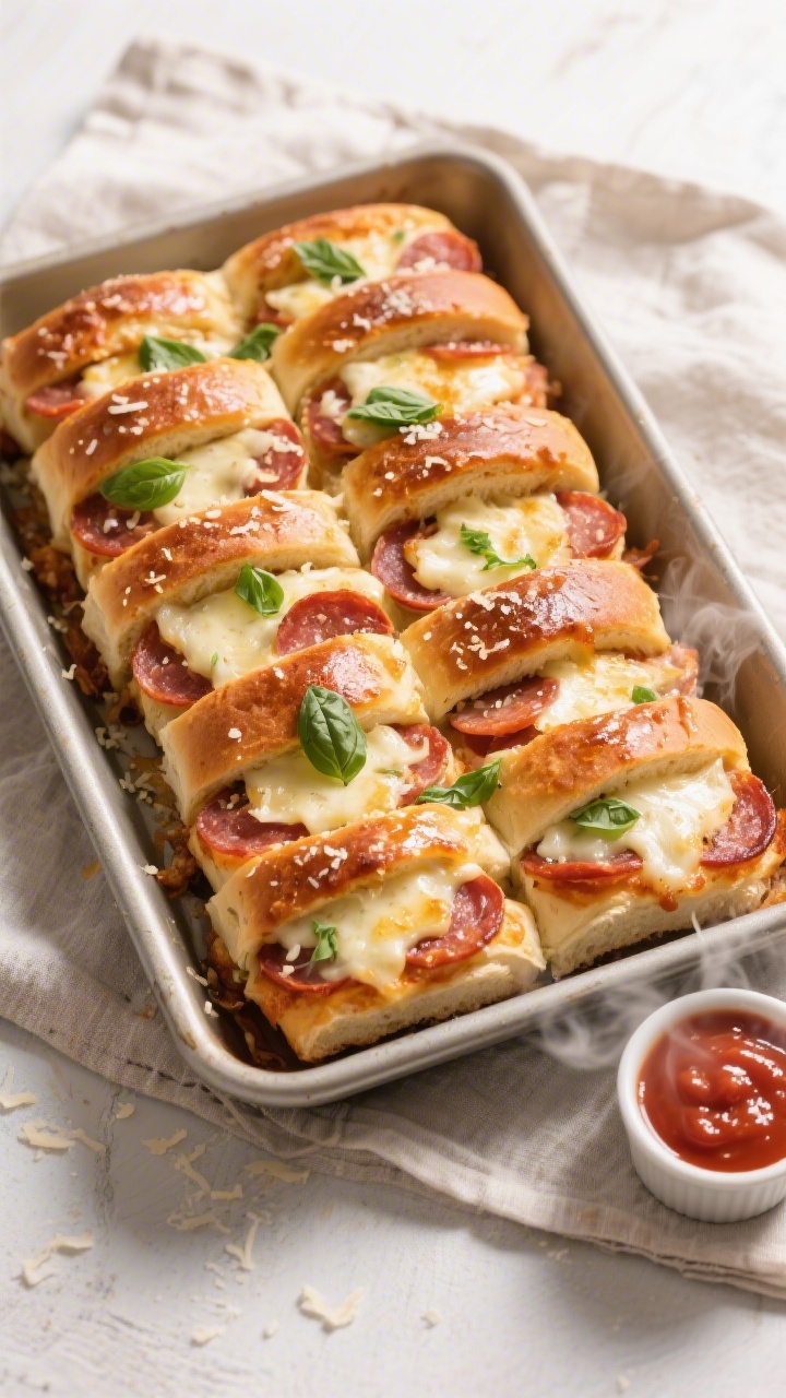 Overhead “tasty top view” of a sliced 12-count slab of Hawaiian roll pizza sliders in a 9x13 bak