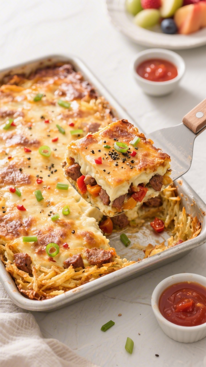 Overhead “tasty top view” of the casserole in a 9x13 pan right after resting: evenly bronzed top