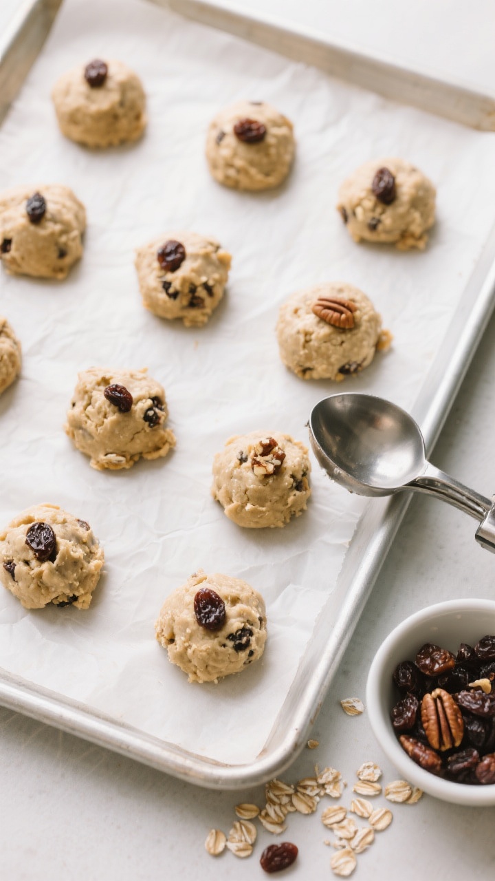 Overhead “tasty top view” process shot: A parchment-lined baking sheet with evenly spaced, golf 