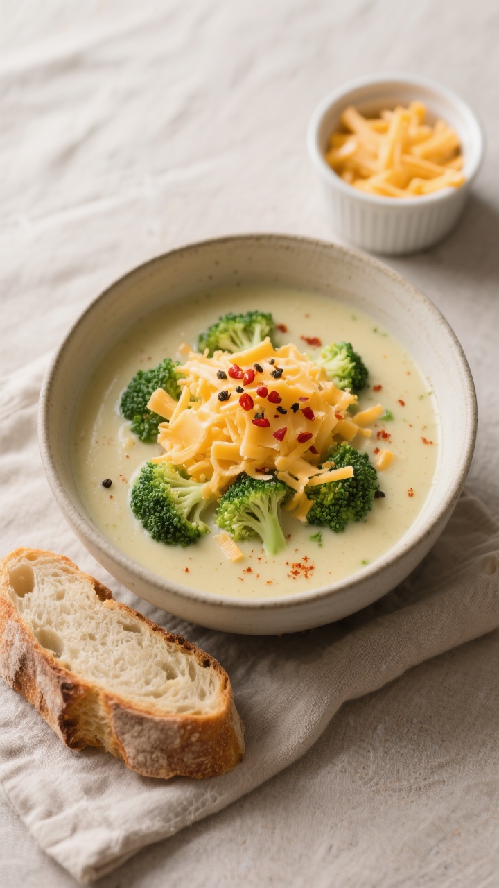 Overhead “tasty top view”: Top-down shot of a bowl of broccoli cheddar soup with a creamy, light