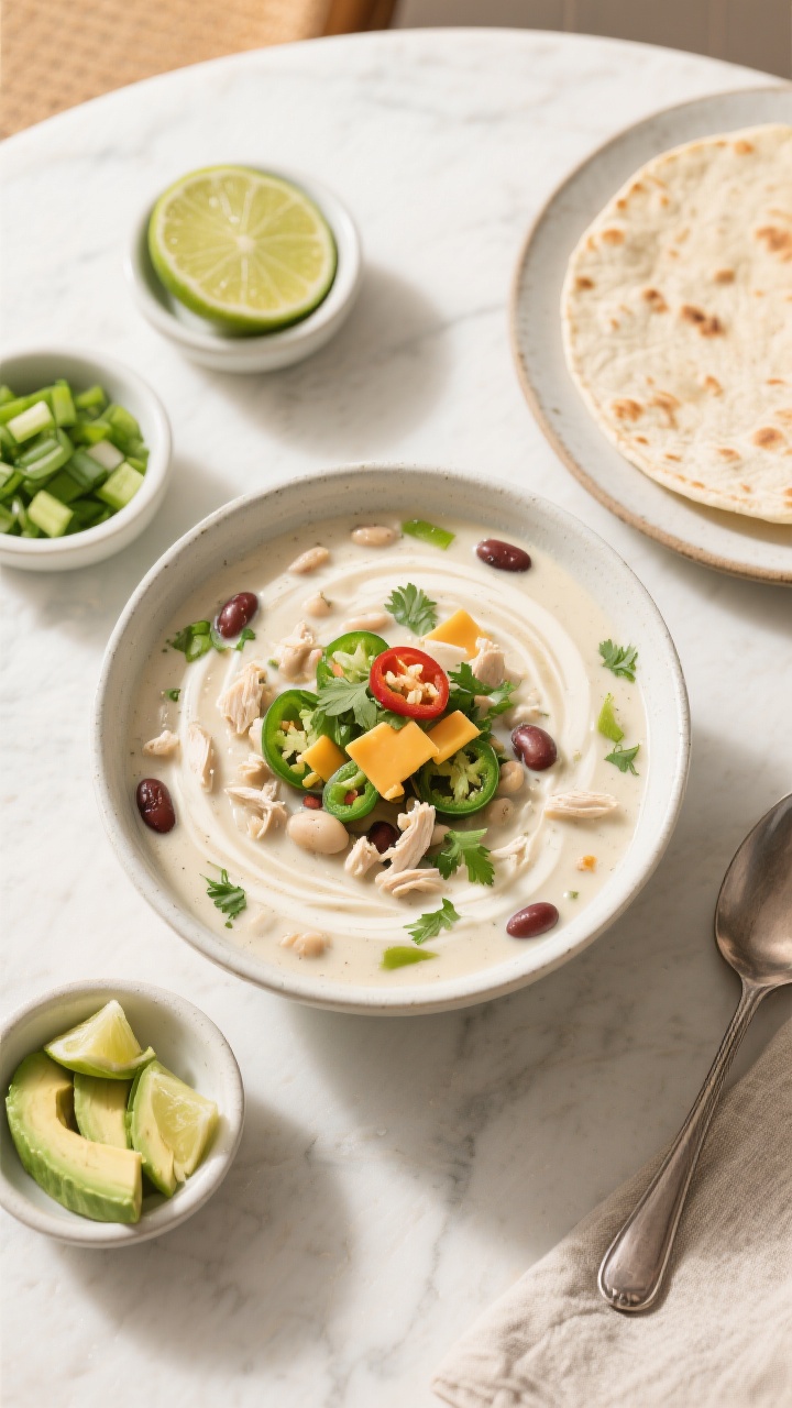 Overhead “tasty top view”: Top-down shot of a tablescape featuring a central bowl of white chick
