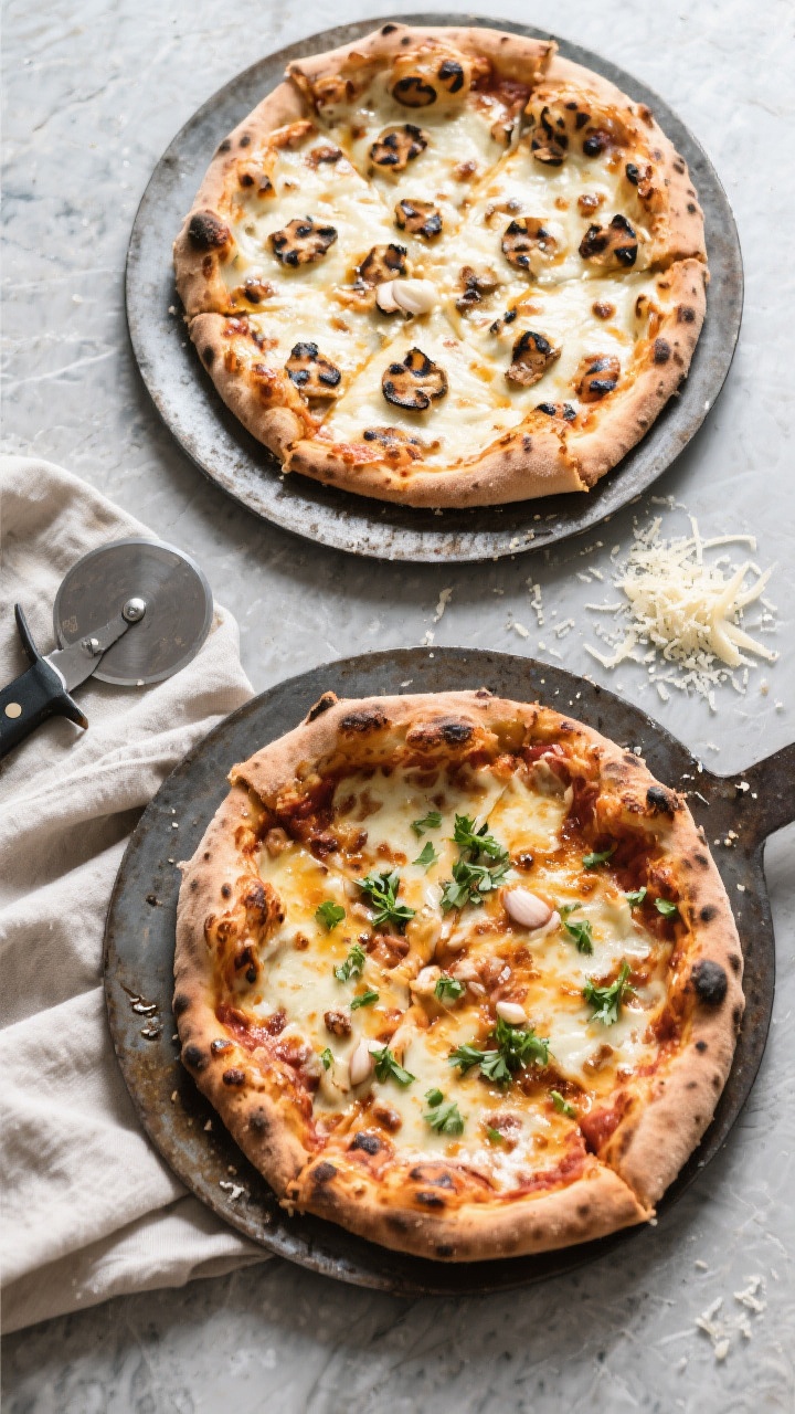 Overhead tasty top view: Two medium pizzas on a preheated pizza steel—one thin and crisp, one thic