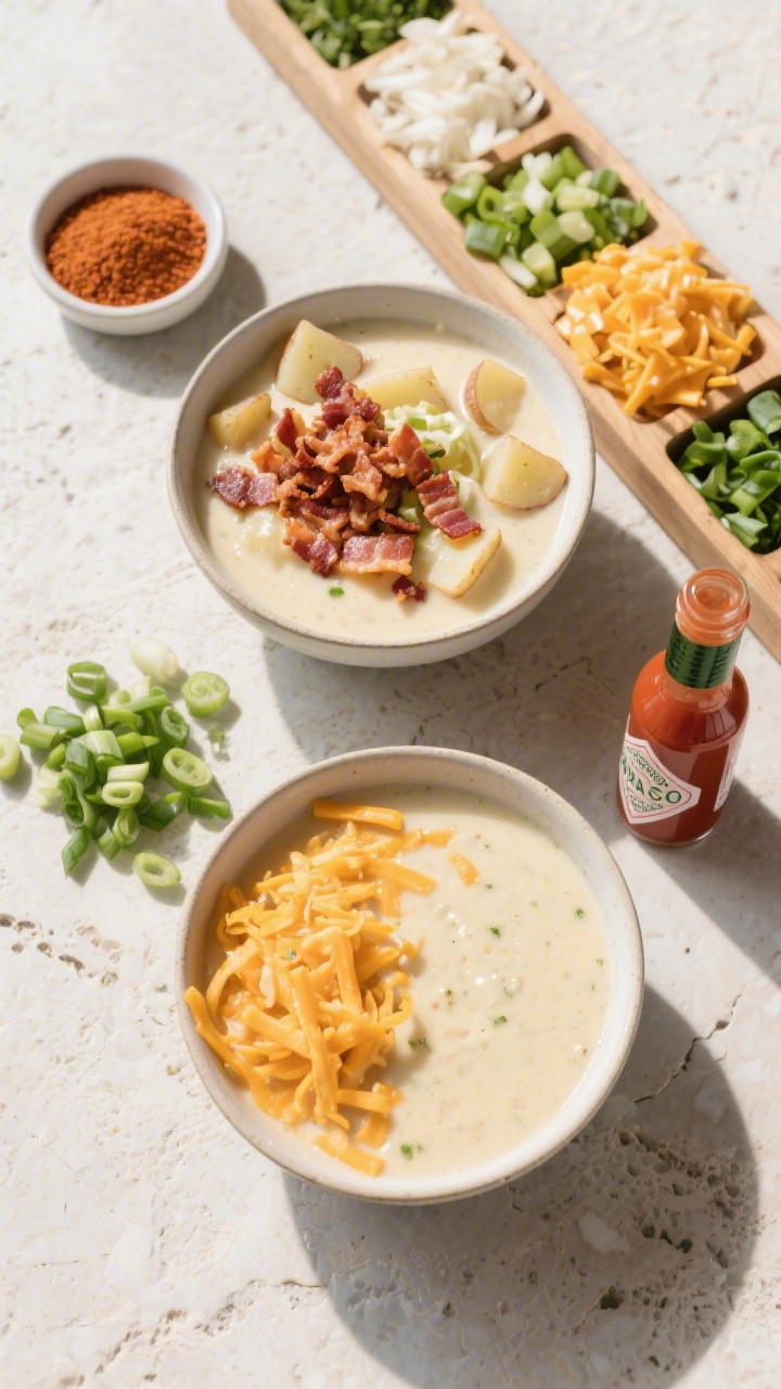 Overhead “toppings bar” top-view: An top-down shot of the finished soup ladled into two bowls, s