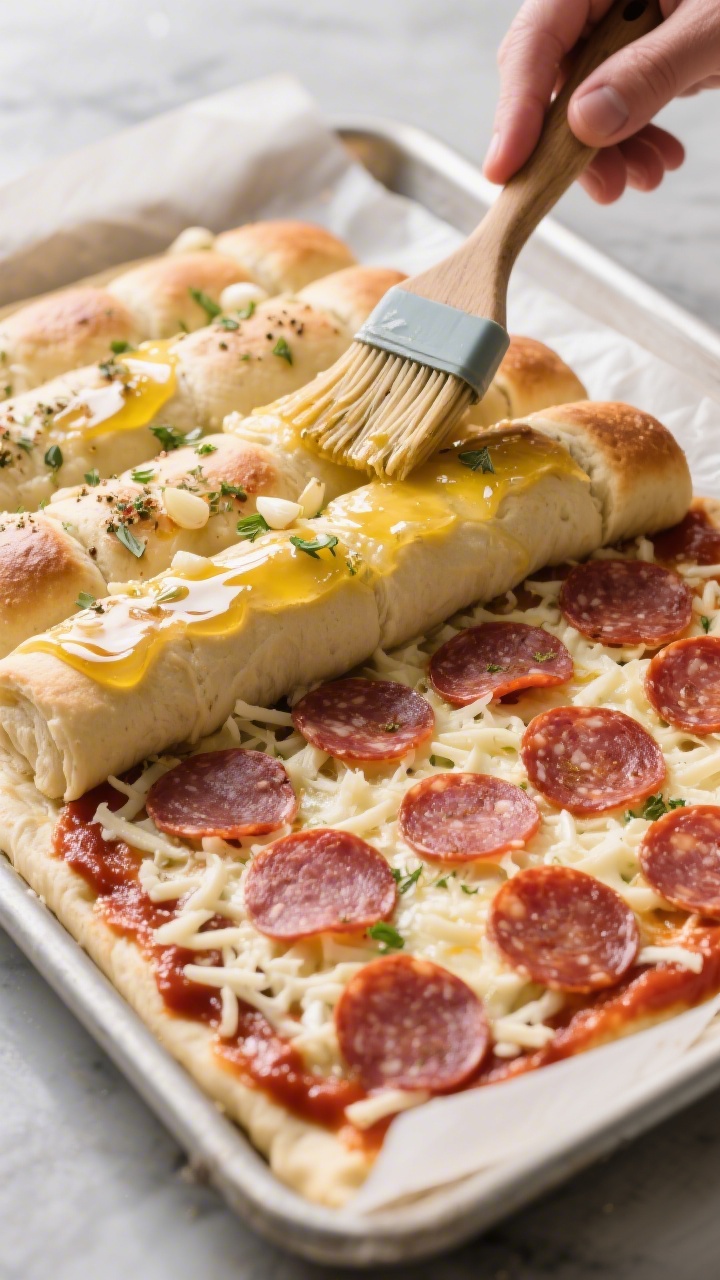 Process action shot of assembly before baking: bottom slab of rolls in a parchment-lined tray layere