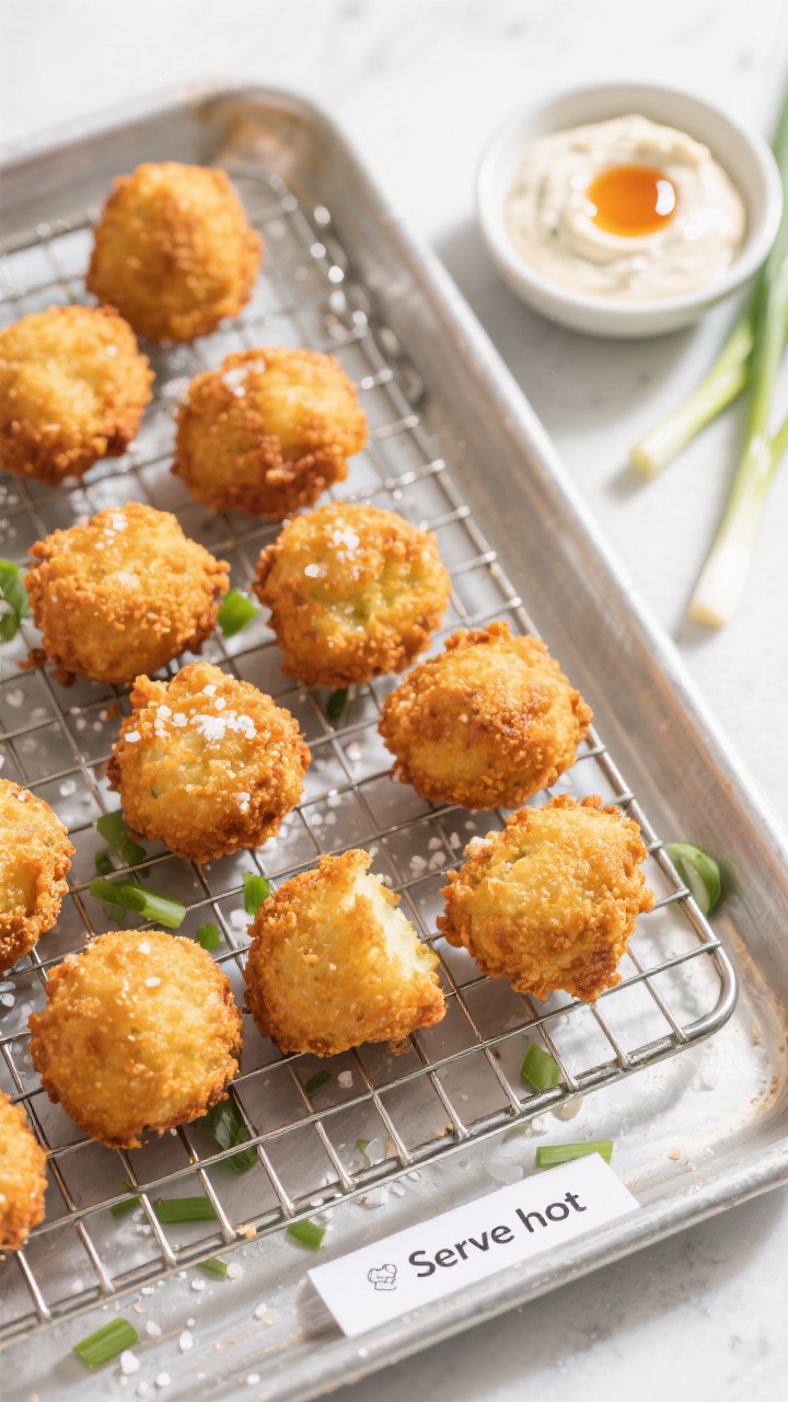 Tasty top-down serving scene: Overhead shot of a wire rack set over a sheet pan holding freshly frie