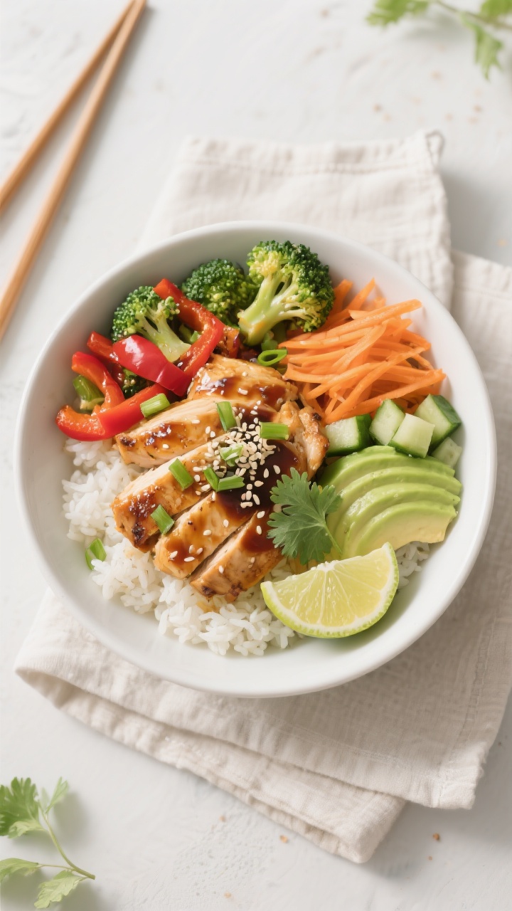 Tasty top view — Build-your-own bowl layout: Overhead shot of a freshly assembled Chicken Rice Bow