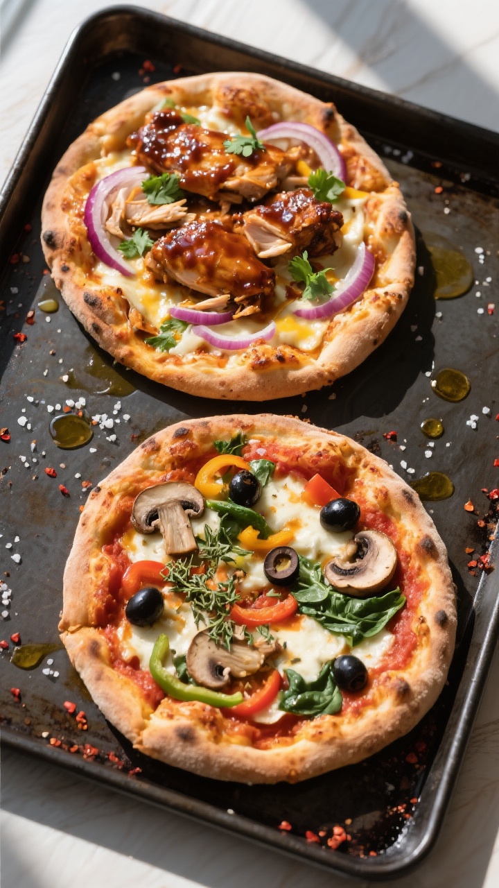 Tasty top view, customization bar result: Overhead shot of two personal pizzas side-by-side on a dar