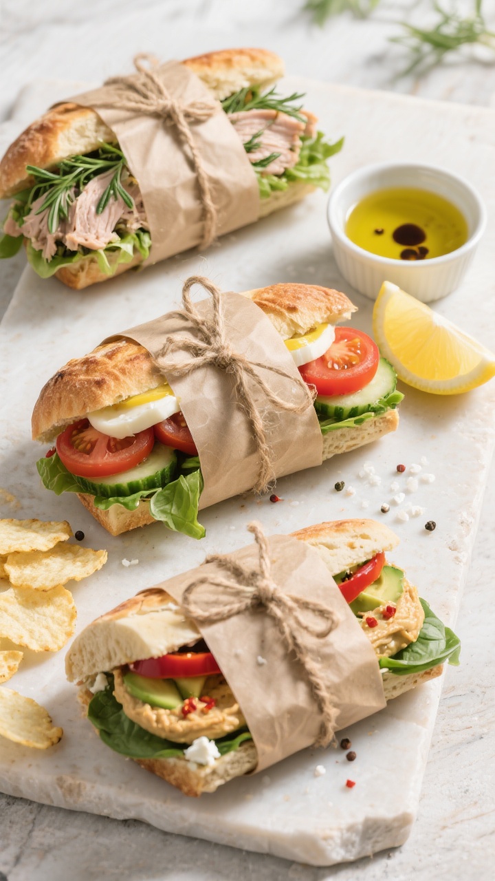 Tasty top view, make-ahead/picnic-ready: Overhead shot of three summer sandwiches wrapped in parchme