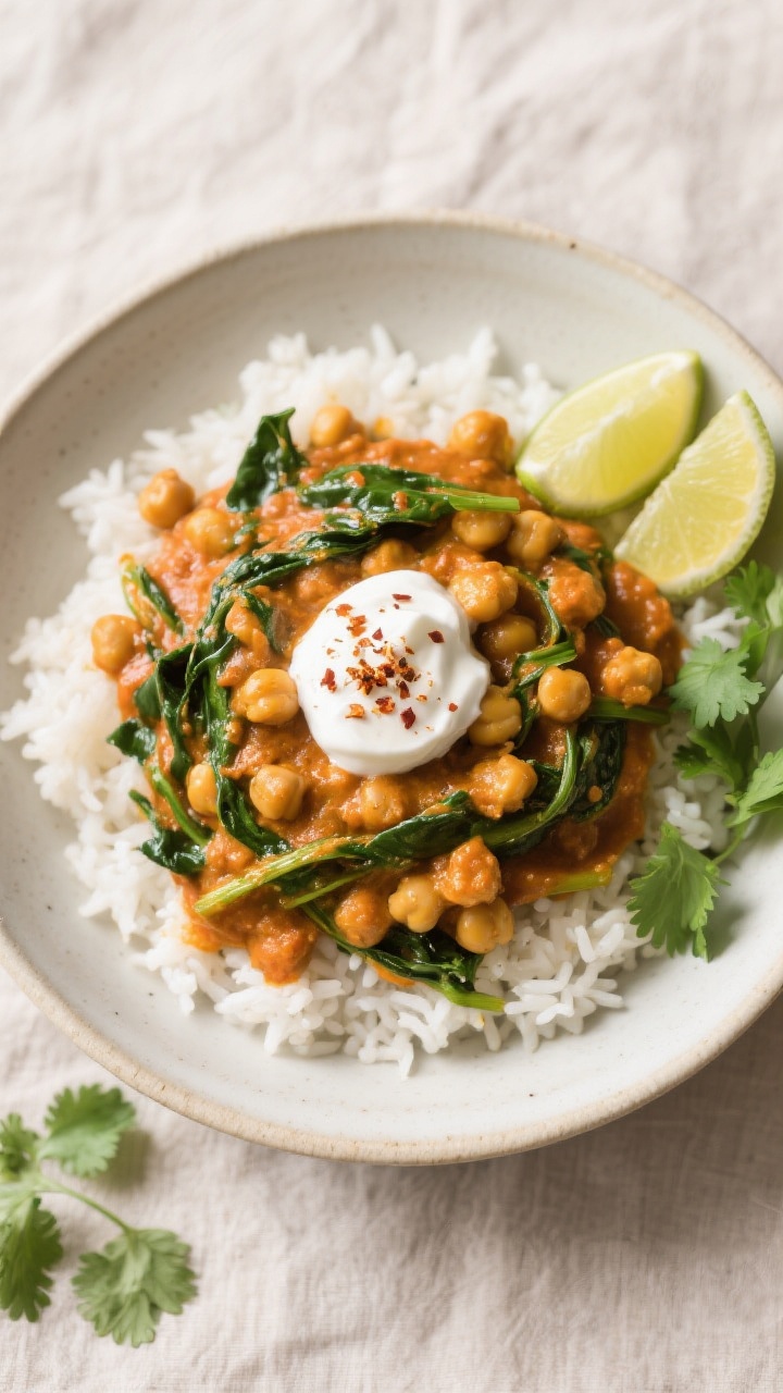 Tasty top view: Overhead shot of 15-Minute Chickpea Curry served over fluffy white rice in a wide, s