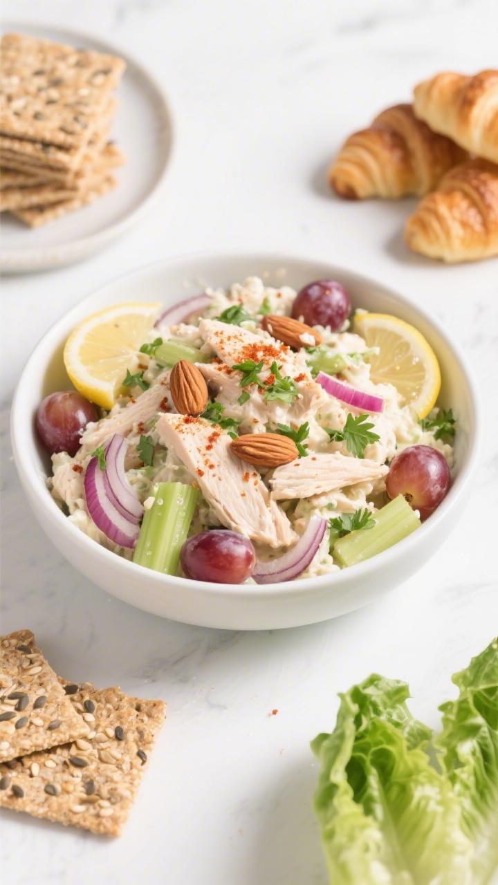Tasty top view: Overhead shot of a chilled bowl of chicken salad ready for serving—smooth, glossy