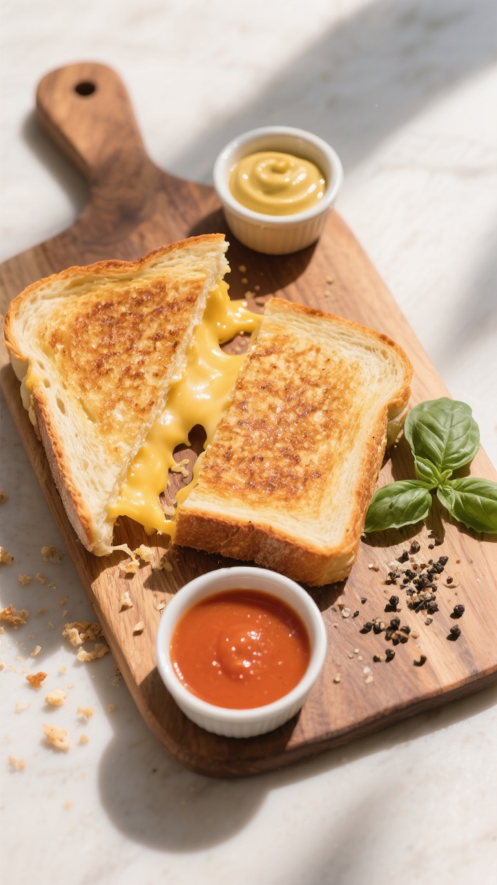 Tasty top view: Overhead shot of a freshly sliced, diagonal-cut grilled cheese on a wooden board, go