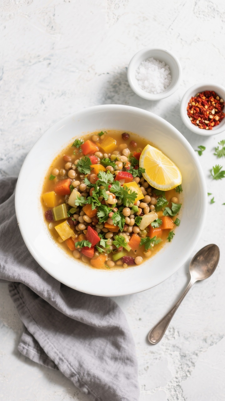 Tasty top view: Overhead shot of a generously filled white ceramic bowl of Belly Fat Melter Soup on 