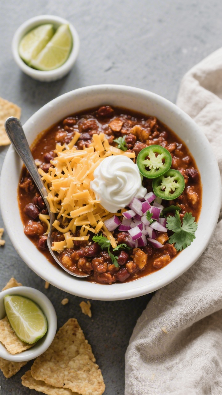 Tasty top view: Overhead shot of a hearty bowl of finished chili, thick and spoonable, topped with a