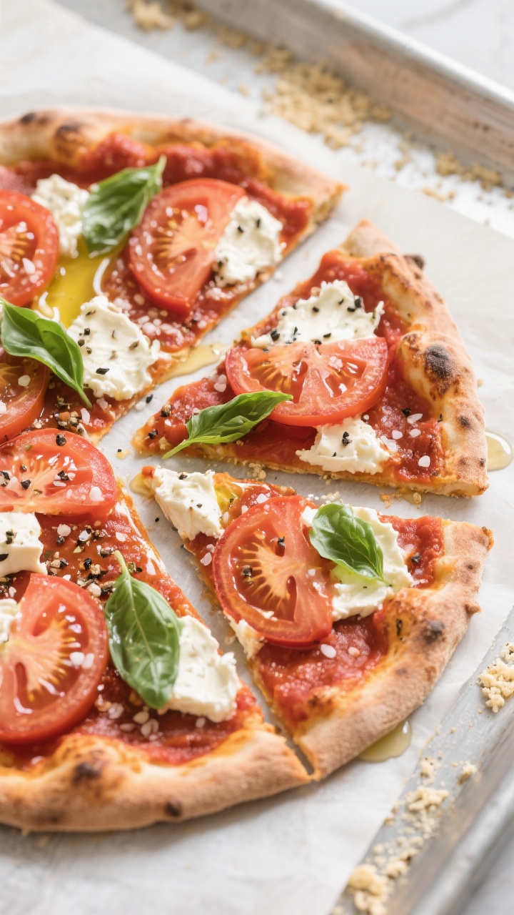 Tasty top view: Overhead shot of a Margherita-inspired vegan pizza just out of the oven—thin layer