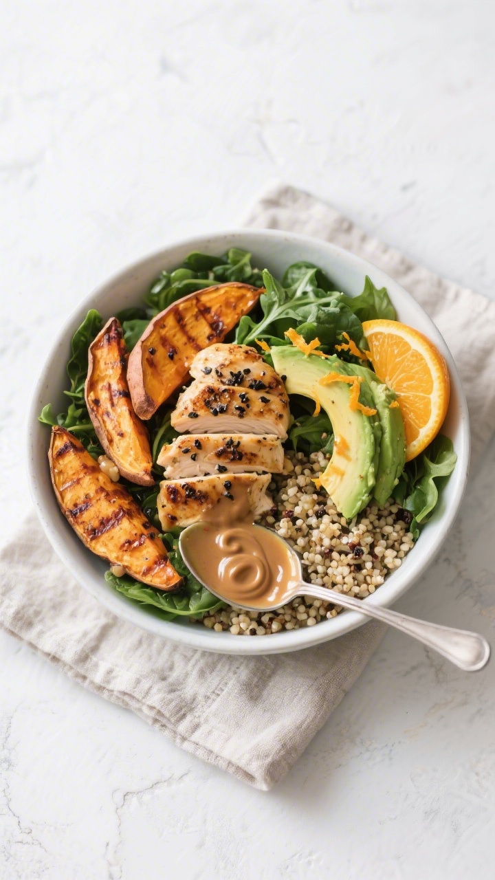 Tasty top view: Overhead shot of a roasted sweet potato and quinoa bowl with grilled chicken and avo