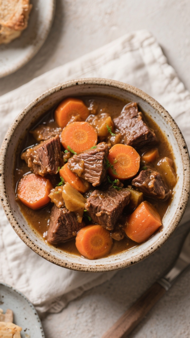 Tasty top view: Overhead shot of a rustic bowl filled with Easy Instant Pot Beef Stew—chunky carro