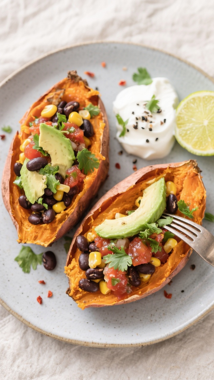 Tasty top view: Overhead shot of a split, fluffy sweet potato loaded Southwest-style—black beans, 