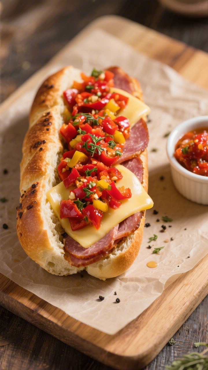 Tasty top view: Overhead shot of a toasted Italian sub loaded with the finished hot chopped pepper r