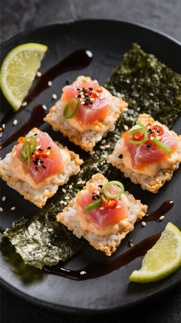 Tasty top view: Overhead shot of crispy rice squares topped with spicy tuna bites—creamy orange-pi
