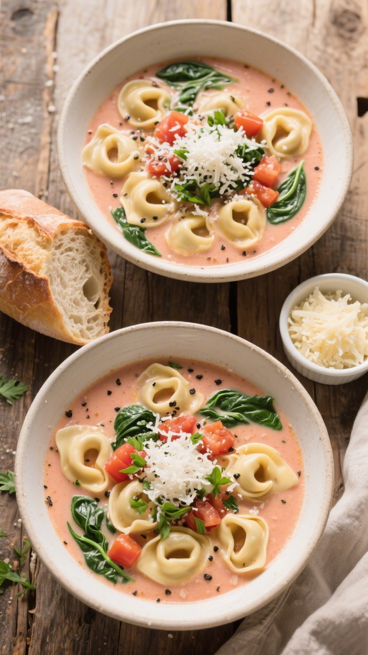 Tasty top view: Overhead shot of finished Creamy Tortellini Soup ladled into two wide shallow bowls 