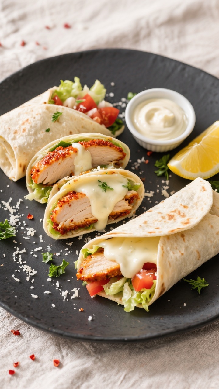 Tasty top view: Overhead shot of sliced cheesy garlic chicken wraps on a matte charcoal platter; cro