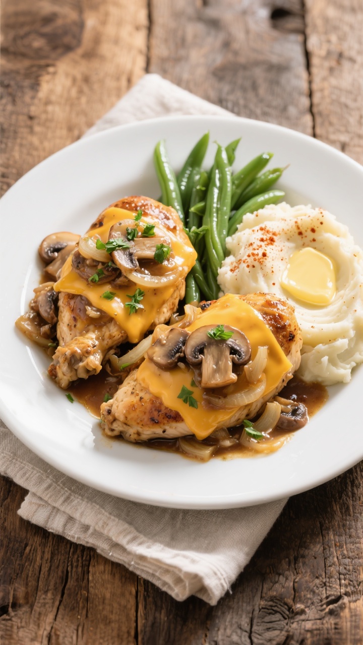 Tasty top view: Overhead shot of Texas Roadhouse–style Smothered Chicken plated—two chicken brea