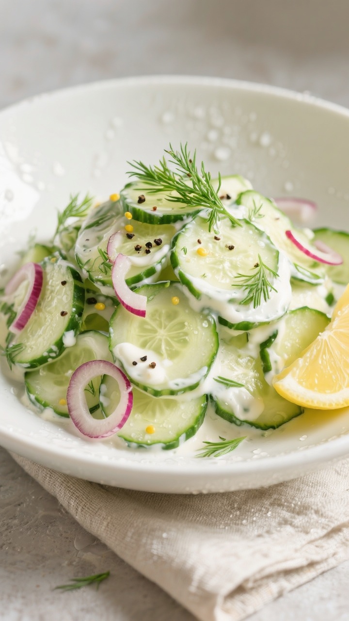 Tasty top view: Overhead shot of the finished creamy cucumber salad mounded in a wide, white shallow