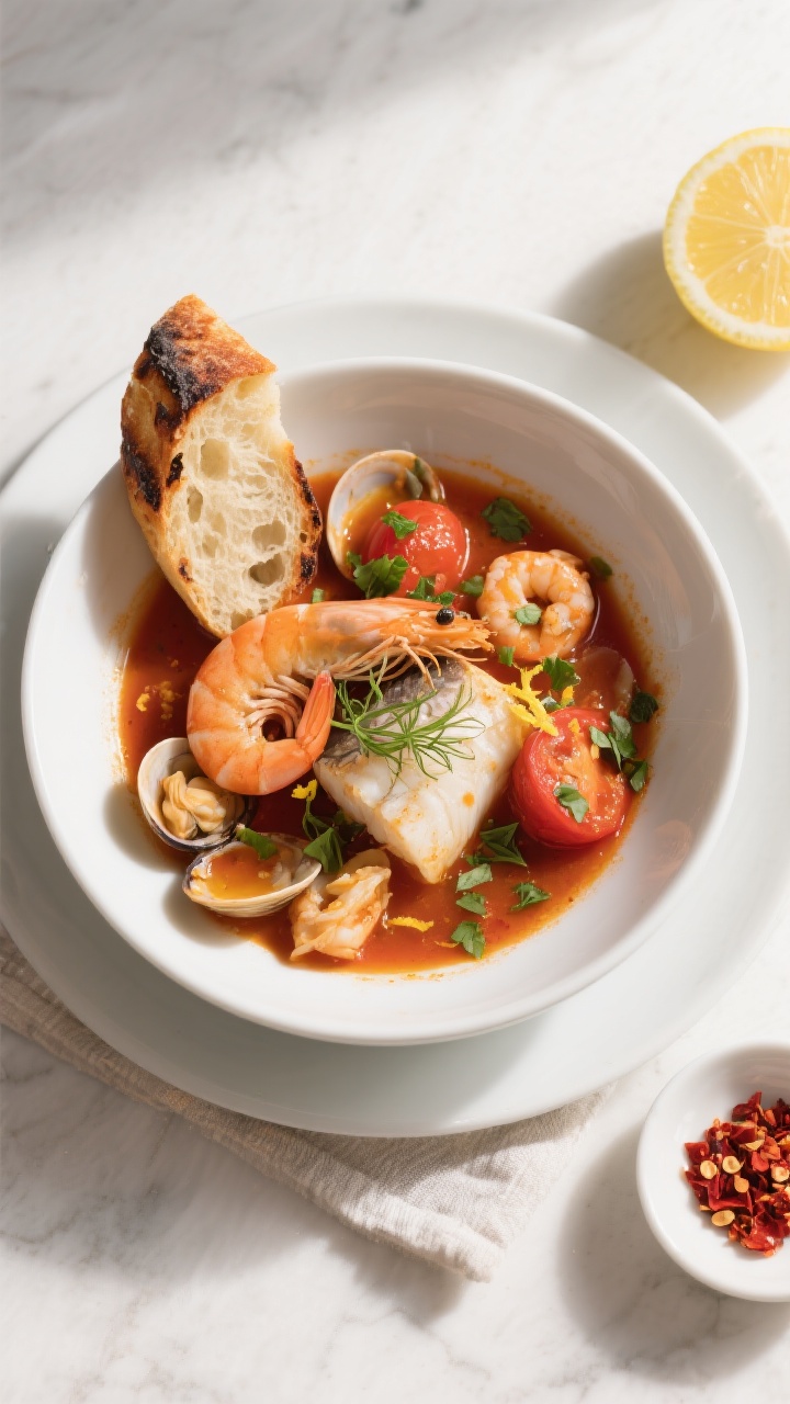 Tasty top view: Overhead shot of the finished seafood stew in a wide, low white bowl—plump shrimp 