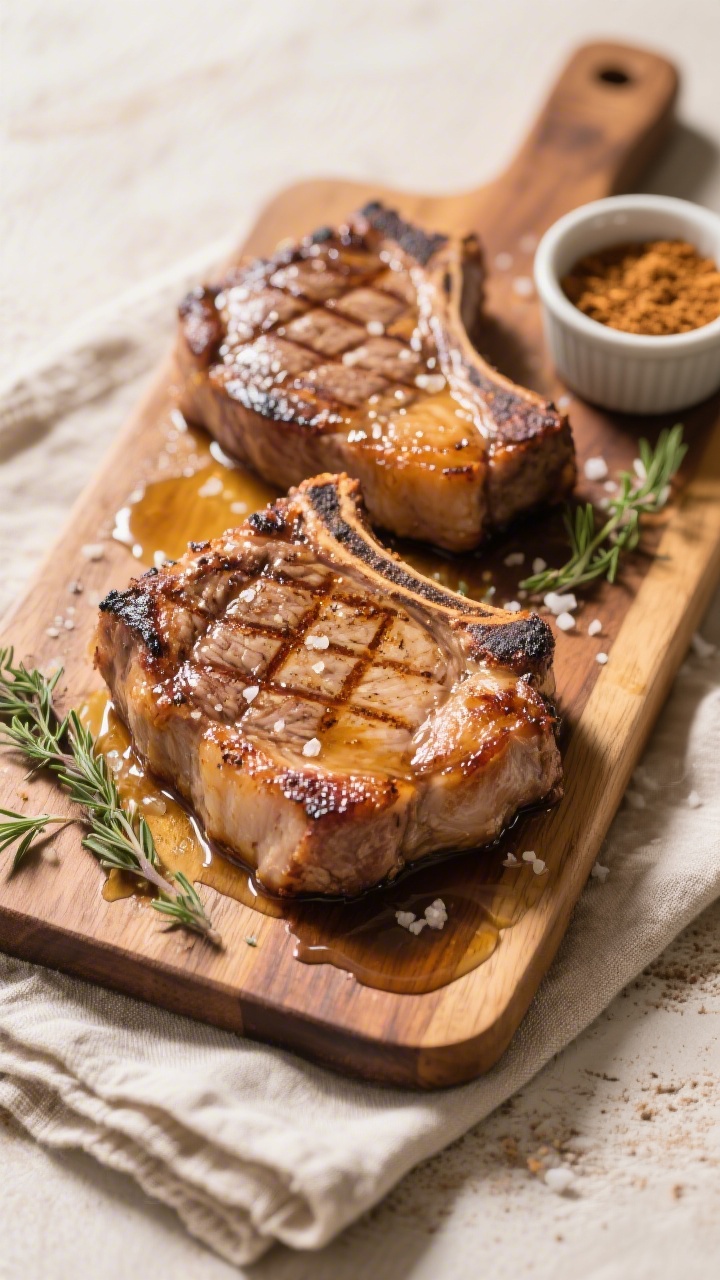 Tasty top view: Overhead shot of two finished cowboy pork chops resting on a wooden board, juices gl