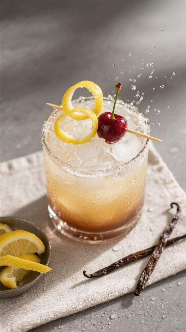 Tasty top-view shot: Overhead of the finished Vanilla Bourbon Cherry Smash styled for serving—ice-