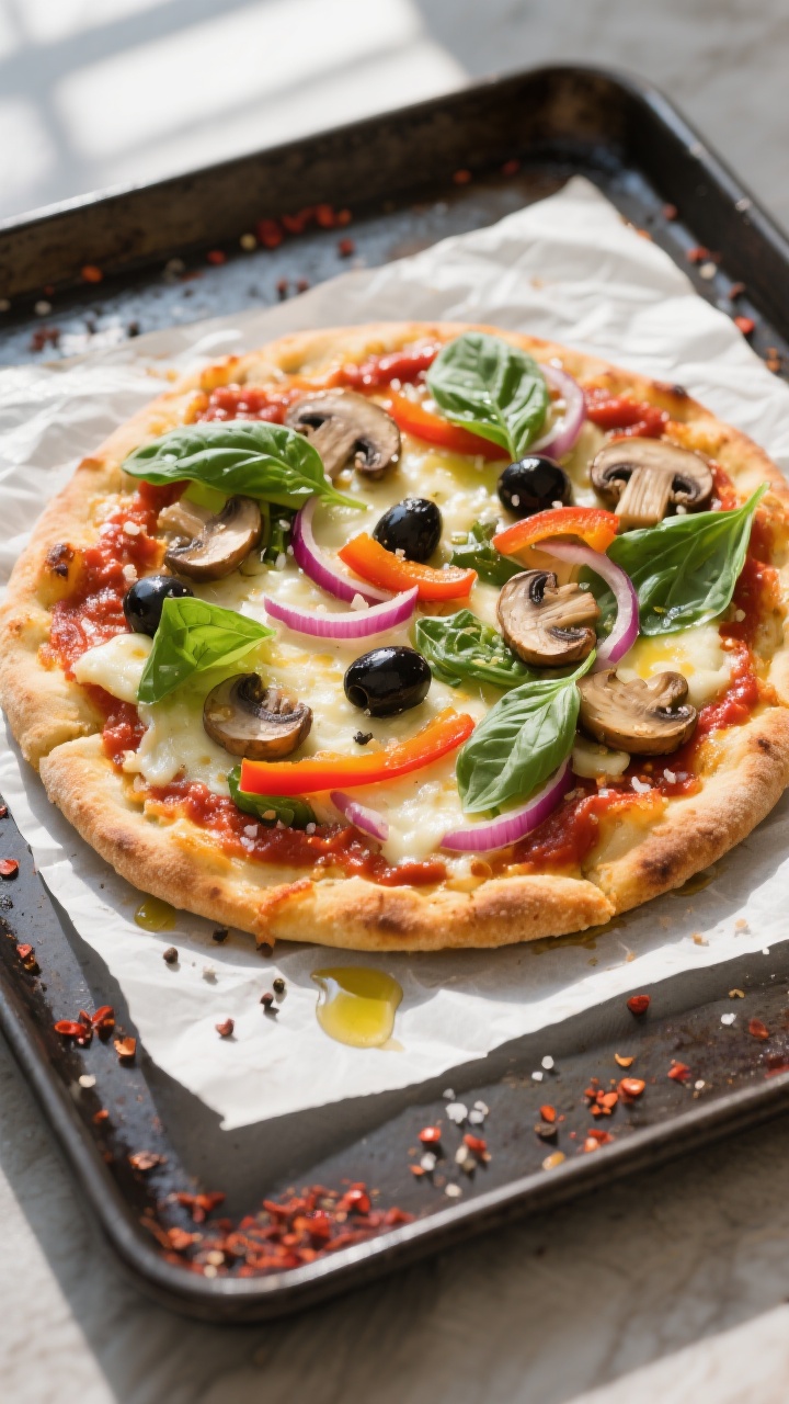 Tasty top view – Veggie Supreme flatbread just out of the oven: overhead shot showing a crisp, gol