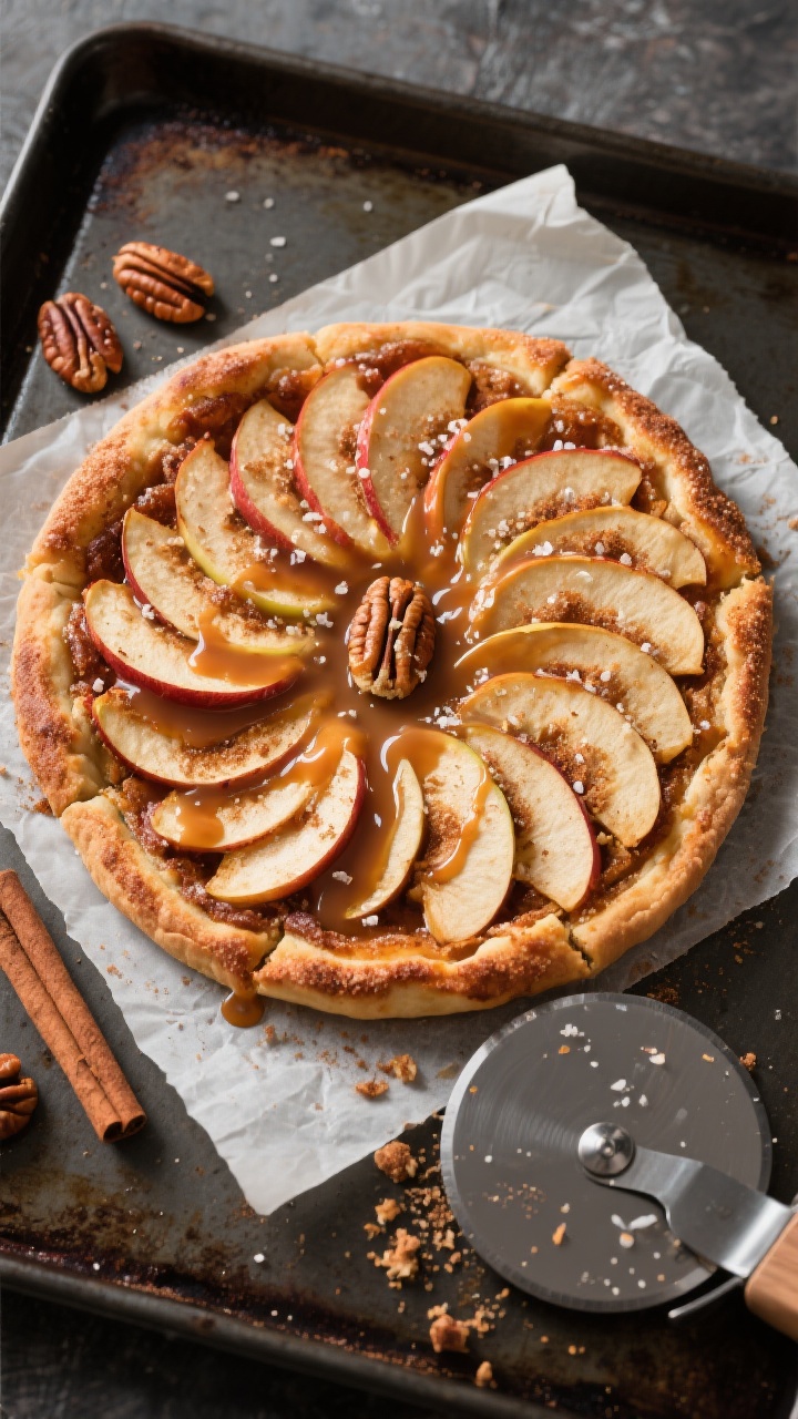 Top-down final presentation of an Apple Pie dessert pizza: cinnamon-sugar brushed crust baked to a c