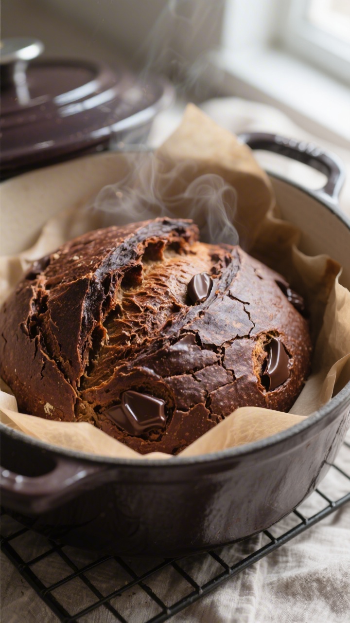 Close-up detail: A freshly baked chocolate sourdough loaf just out of the Dutch oven, deep mahogany 
