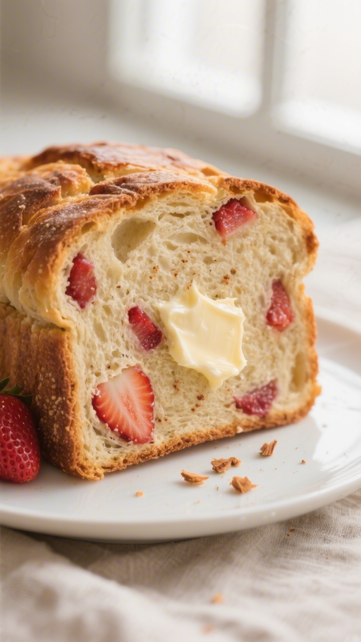 Close-up detail: A freshly baked strawberry bread slice still warm, butter melting into the tender c