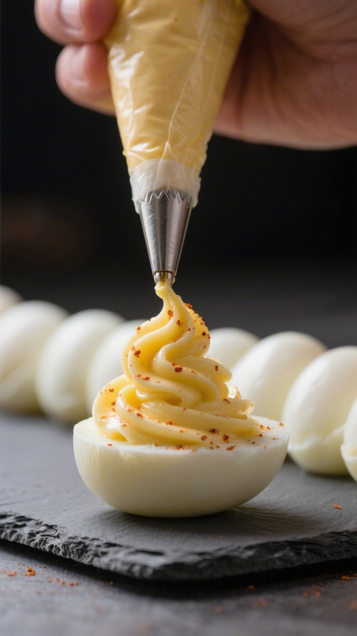 Close-up detail: A halved deviled egg being filled via a snipped piping bag, ultra-smooth yolk mixtu
