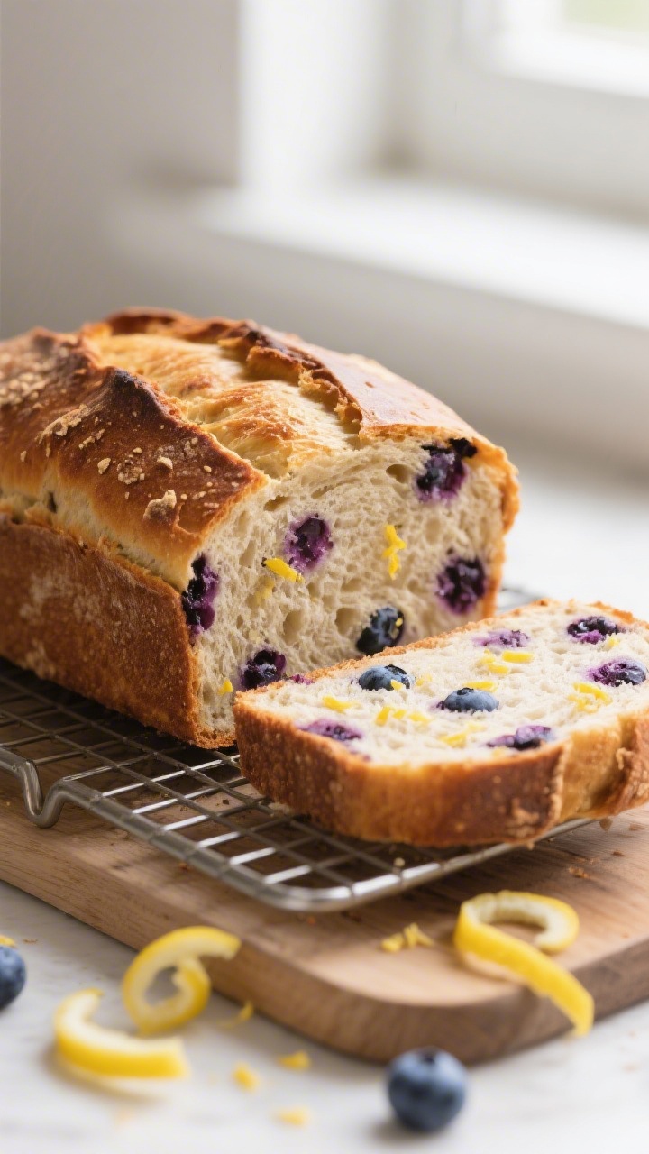 Close-up detail: A just-baked blueberry lemon sourdough loaf resting on a cooling rack, crust deep g