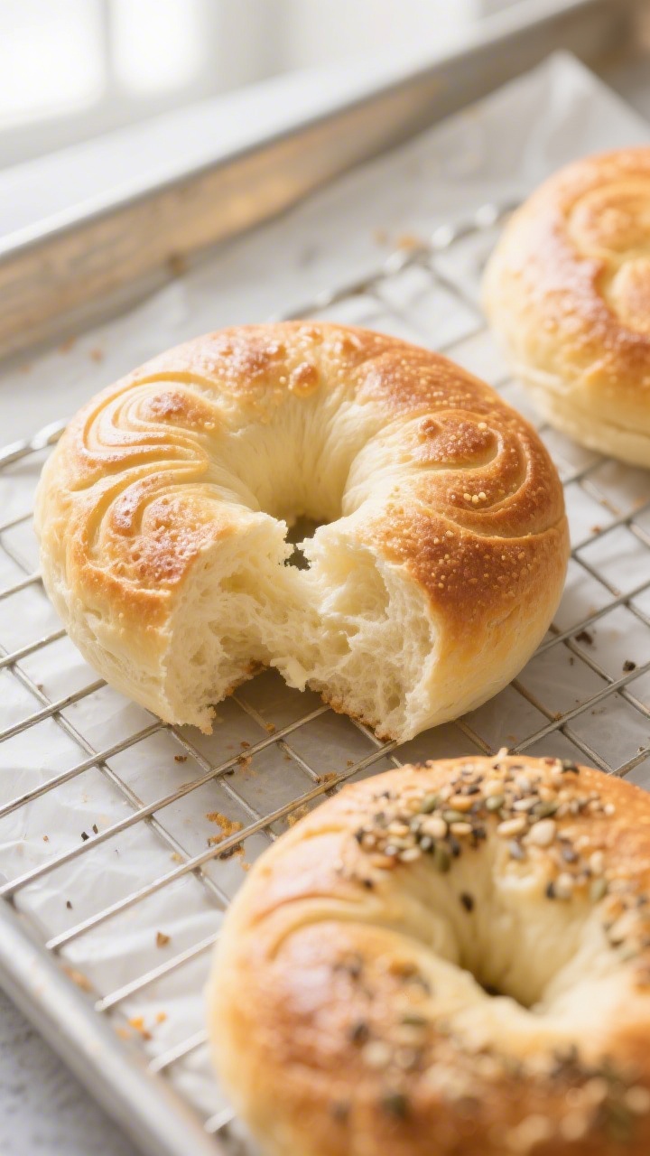 Close-up detail: A just-baked round of Cottage Cheese Cloud Bread resting on a wire rack, golden-blo