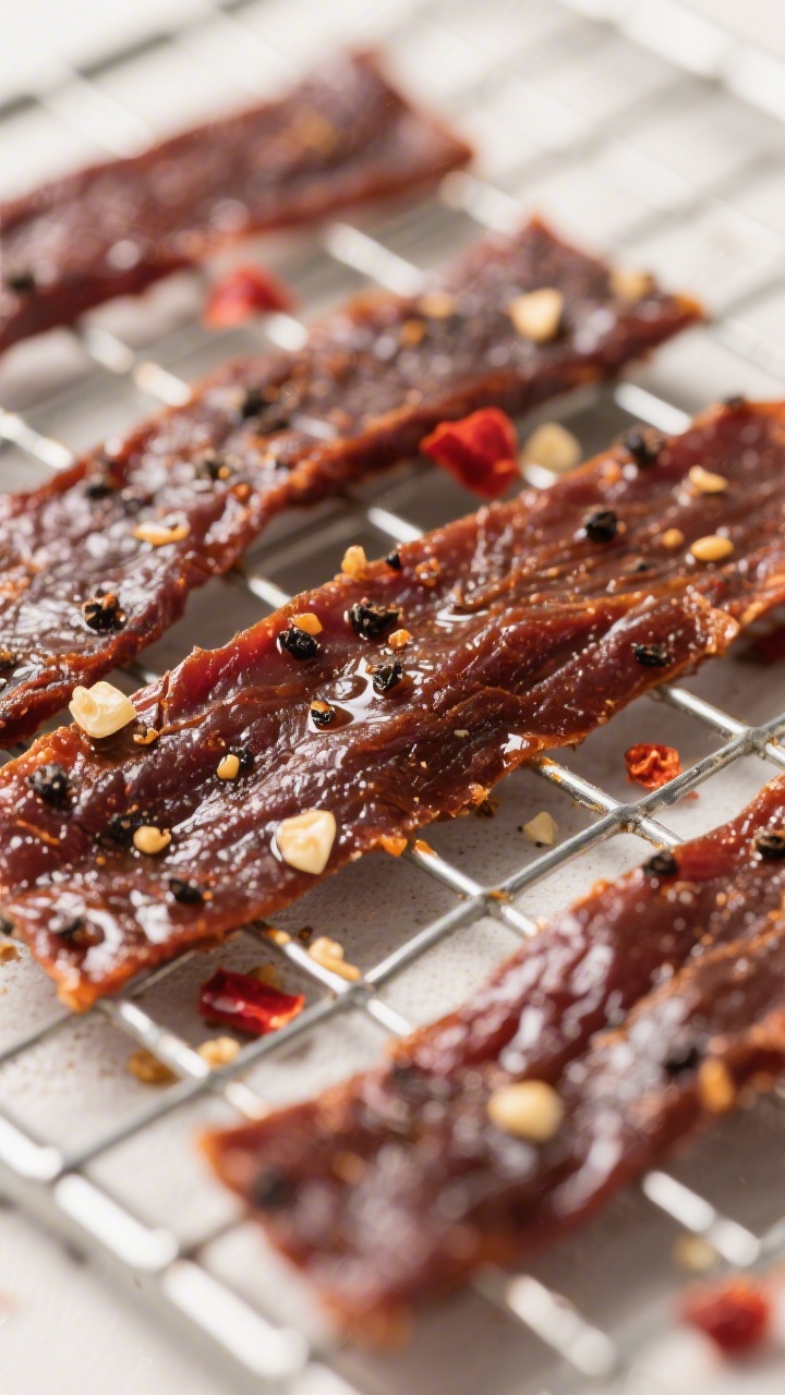 Close-up detail: A tight macro of finished garlic beef jerky strips resting on a wire rack, glossy f