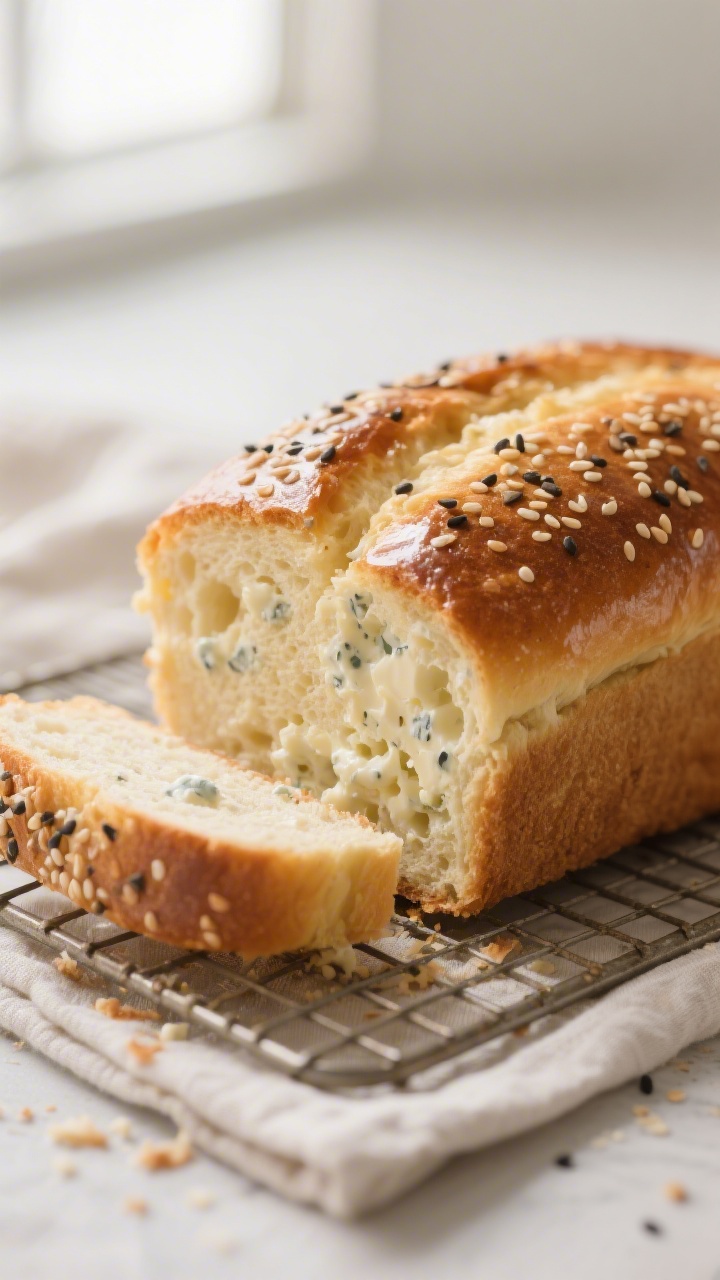 Close-up detail: Freshly baked cottage cheese sandwich loaf just out of the pan, angled 3/4 view sho