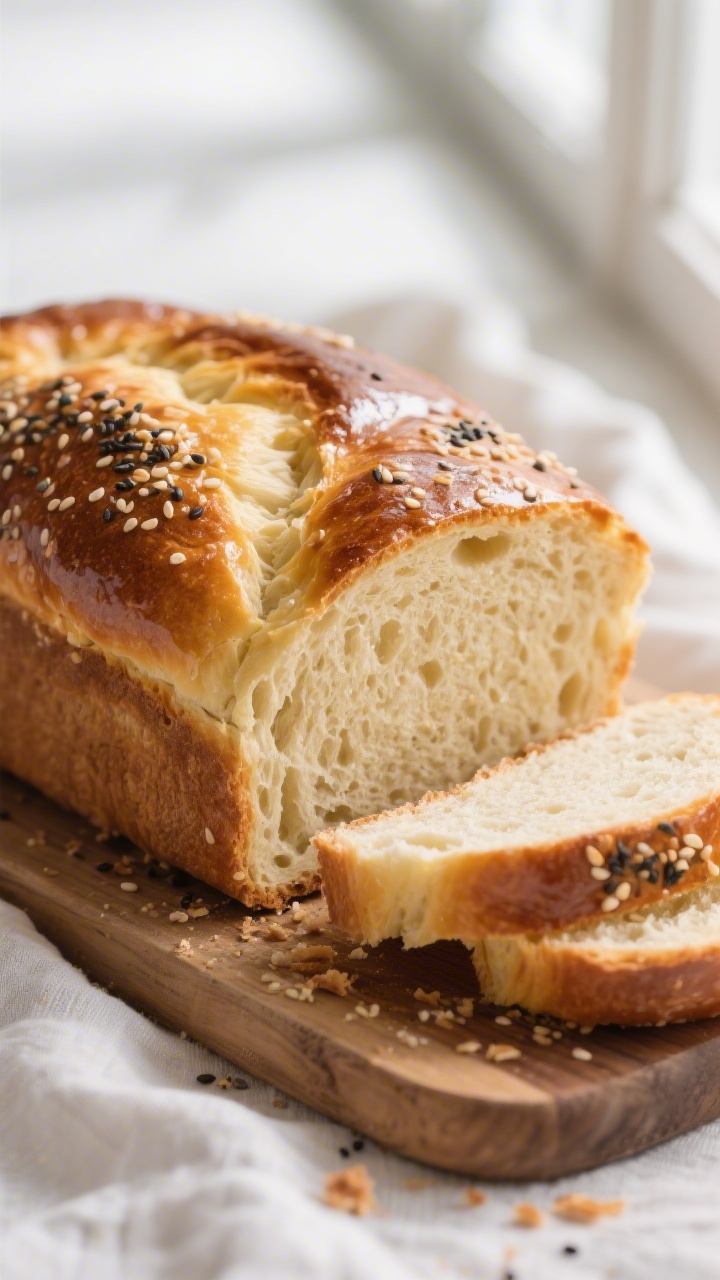 Close-up detail: Freshly baked Greek Yogurt Bread just out of the pan, golden-brown crust with gloss