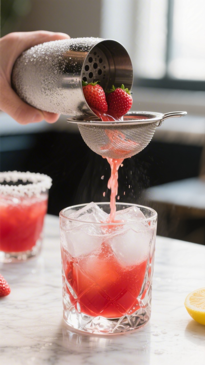 Close-up detail: Freshly shaken Strawberry Henny cocktail being double-strained from a frosty shaker
